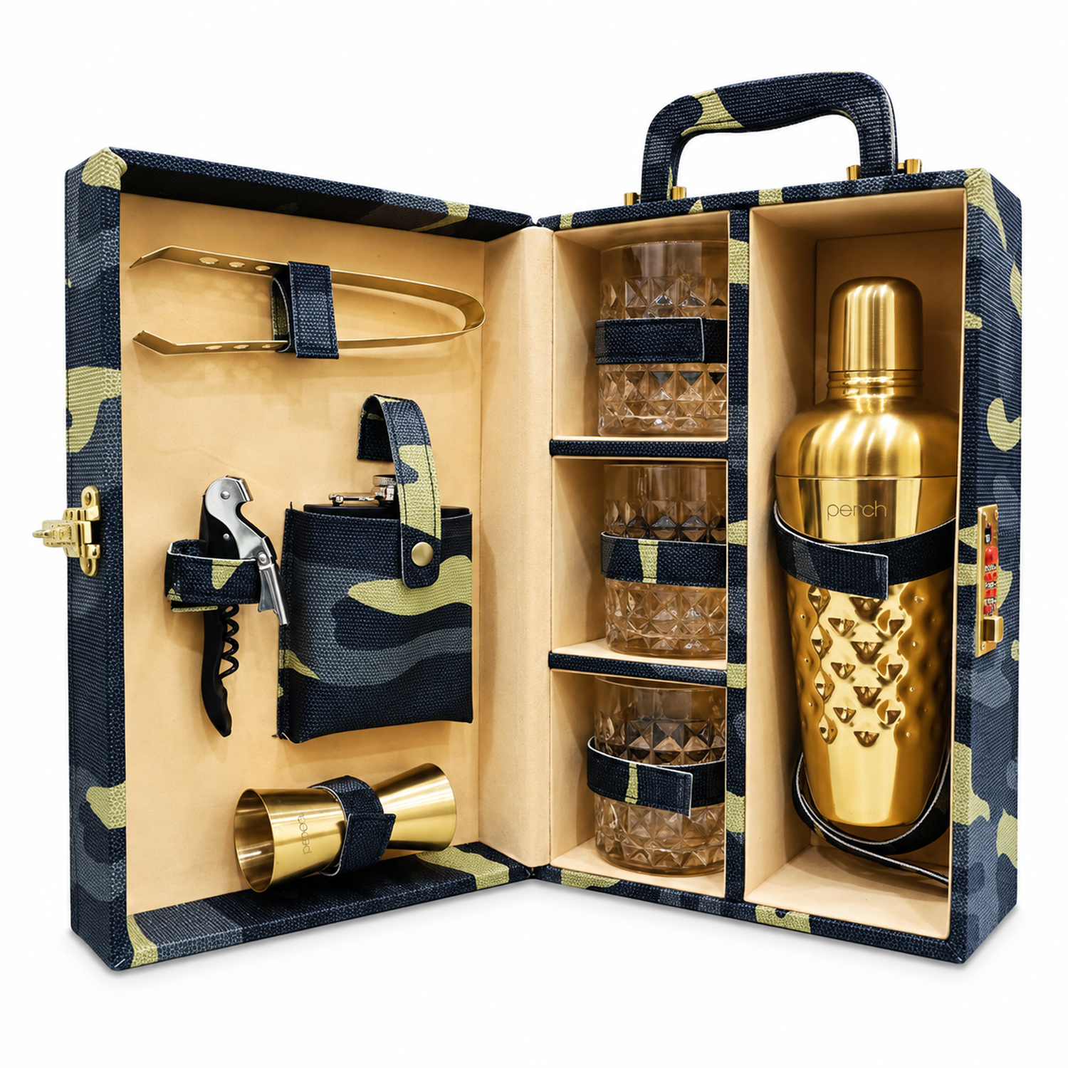 9-Piece Army Print Leatherette Suitcase Bar Set with Cocktail Shaker & 3 Whisky Glasses – Golden