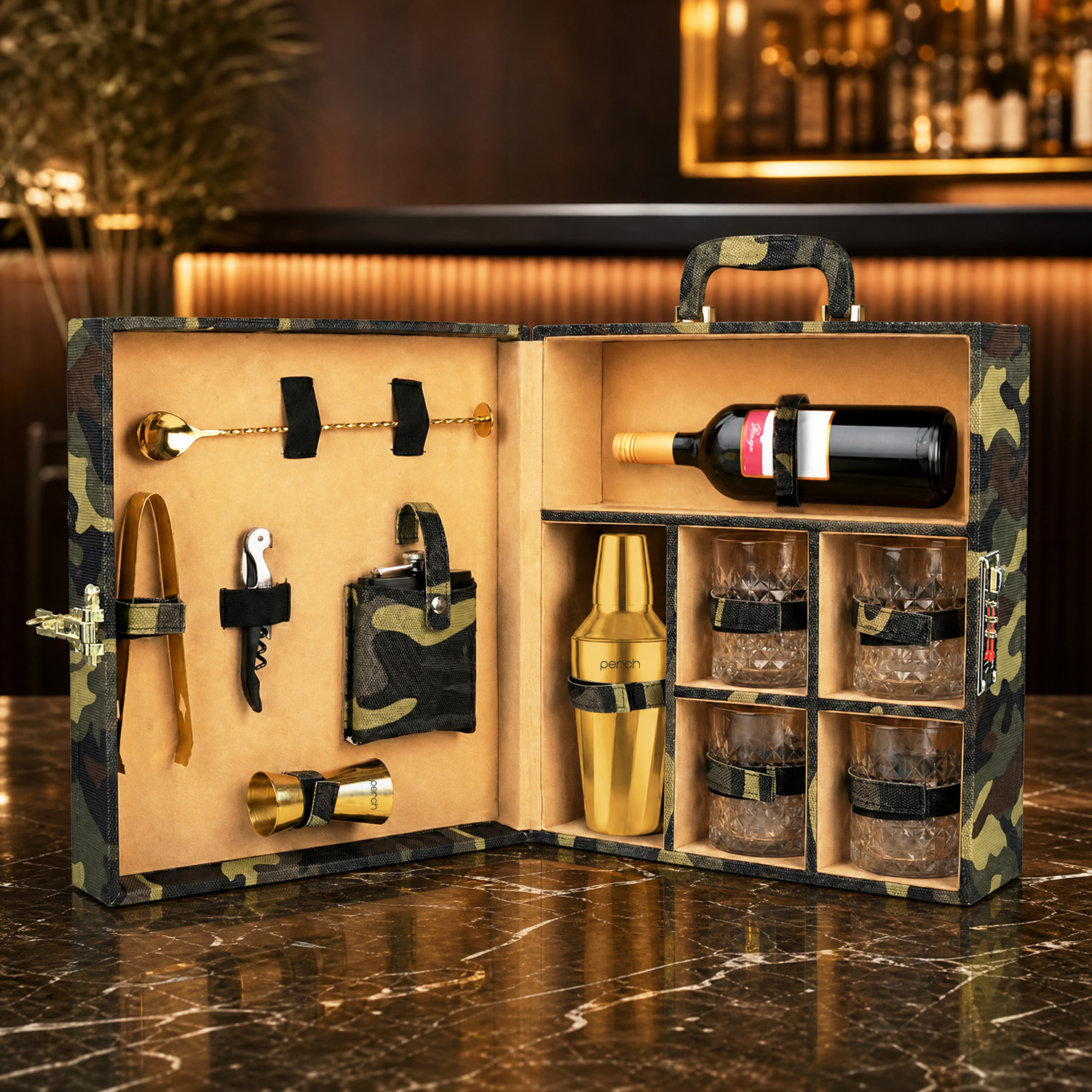 11-Piece Army Print Leatherette Suitcase Bar Set with Twist Cocktail Shaker & 4 Whisky Glasses – Golden