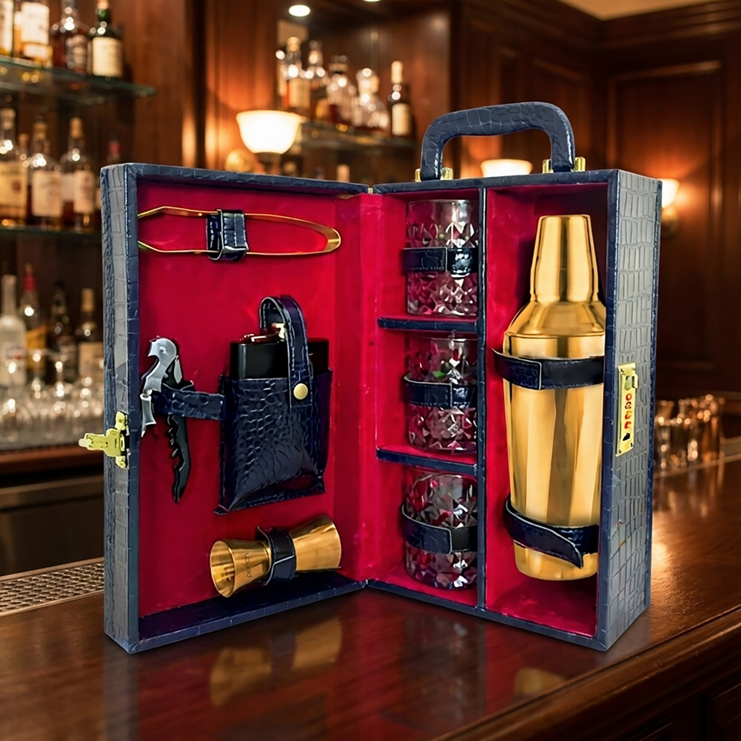 9-Piece Crocodile Print Leatherette Suitcase Bar Set with Cocktail Shaker & 3 Whisky Glasses – Golden