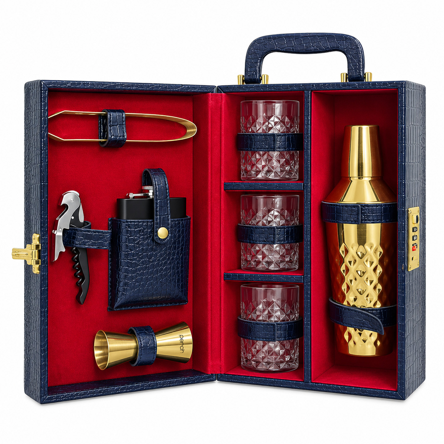 9-Piece Crocodile Print Leatherette Suitcase Bar Set with Cocktail Shaker & 3 Whisky Glasses – Golden