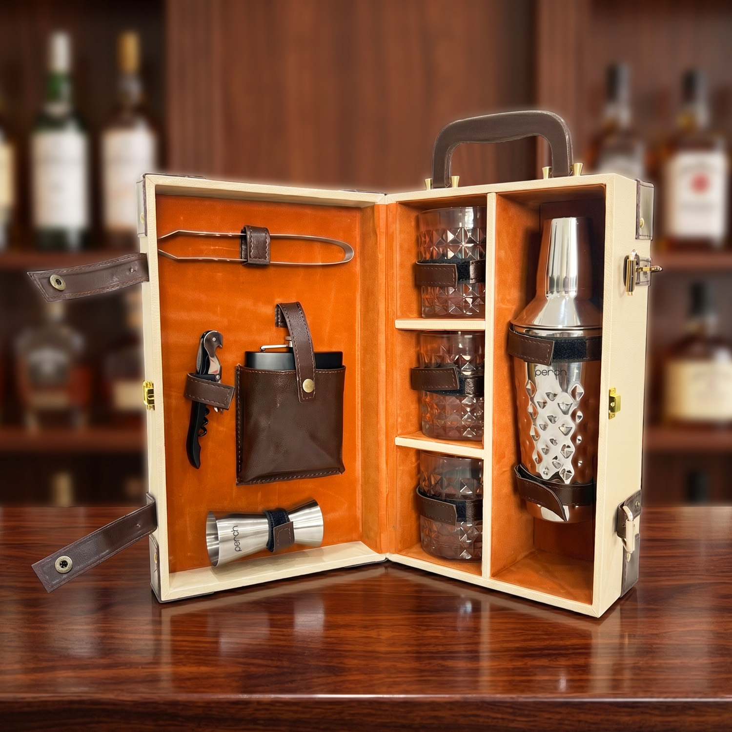 9-Piece Brown Leatherette Suitcase Bar Set with Cocktail Shaker & 3 Whisky Glasses – Silver