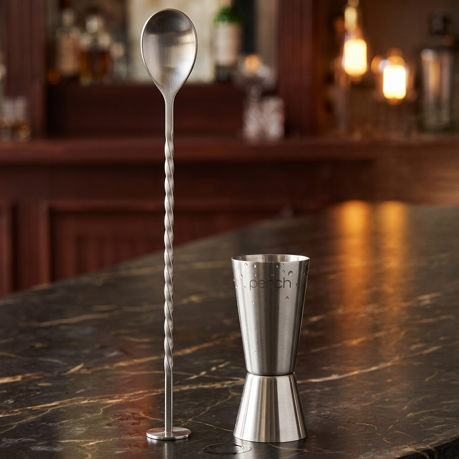 Bar Spoon & Jigger Set for Cocktails & Mocktails – Mixing Spoon and Double Sided Measuring Tool – Silver