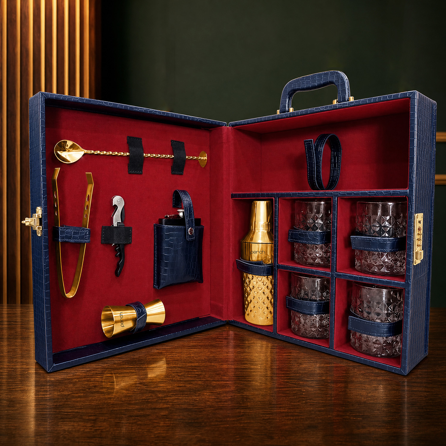11-Piece Crocodile Print Leatherette Suitcase Bar Set with Diamond Cocktail Shaker & 4 Whisky Glasses – Golden