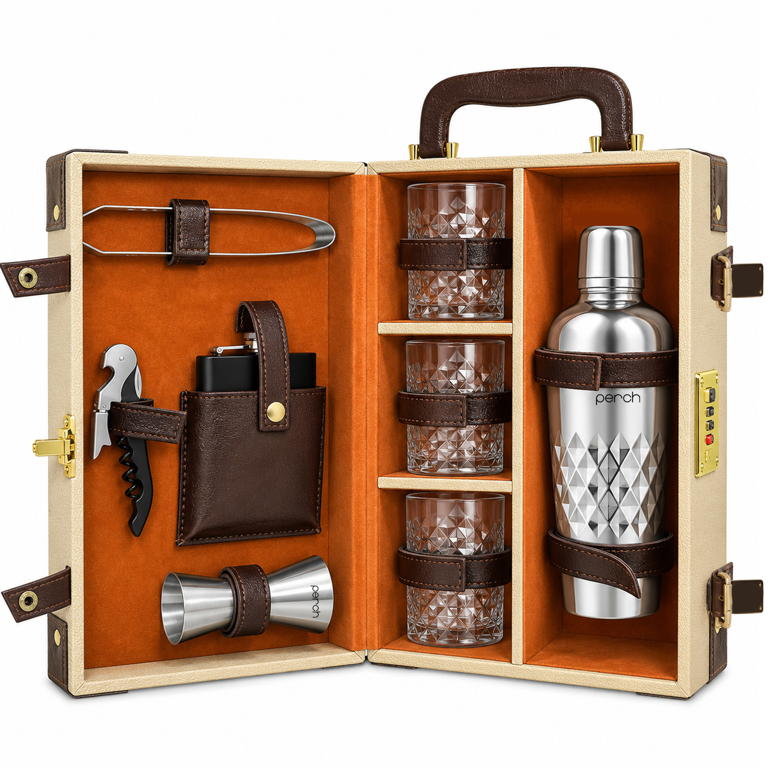 9-Piece Brown Leatherette Suitcase Bar Set with Cocktail Shaker & 3 Whisky Glasses – Silver