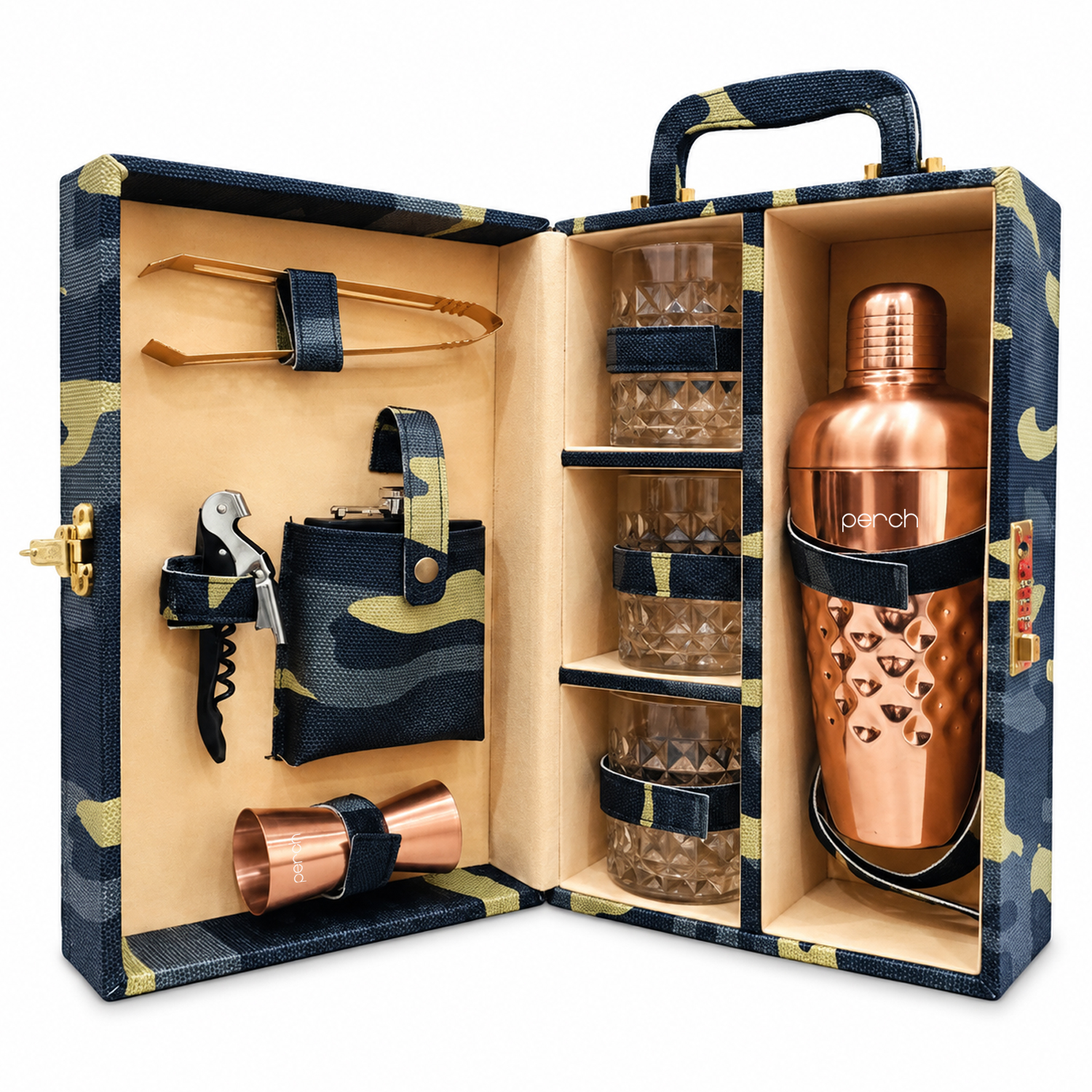9-Piece Army Print Leatherette Suitcase Bar Set with Cocktail Shaker & 3 Whisky Glasses – Rose Gold