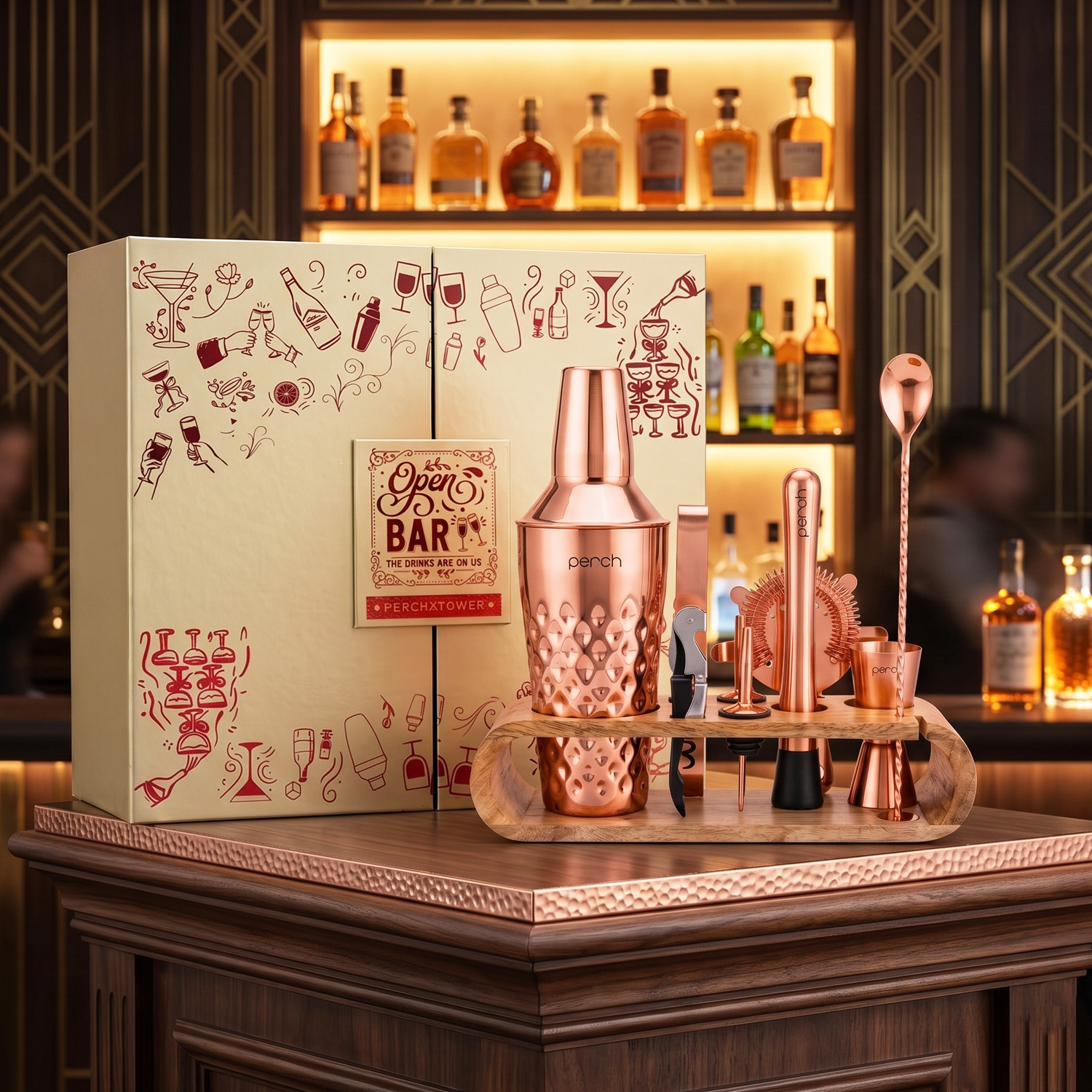O' Holic 10-Piece Bartender Kit with Mango Wooden Stand | Diamond Cocktail Shaker Gift Set | Rose Gold