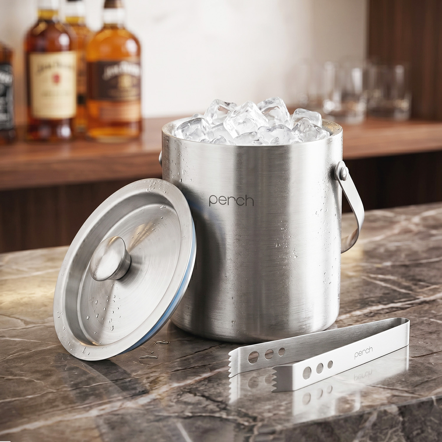 Silver Stainless Steel Ice Bucket Set with Lid, Handle & Ice Tong – 1.5L
