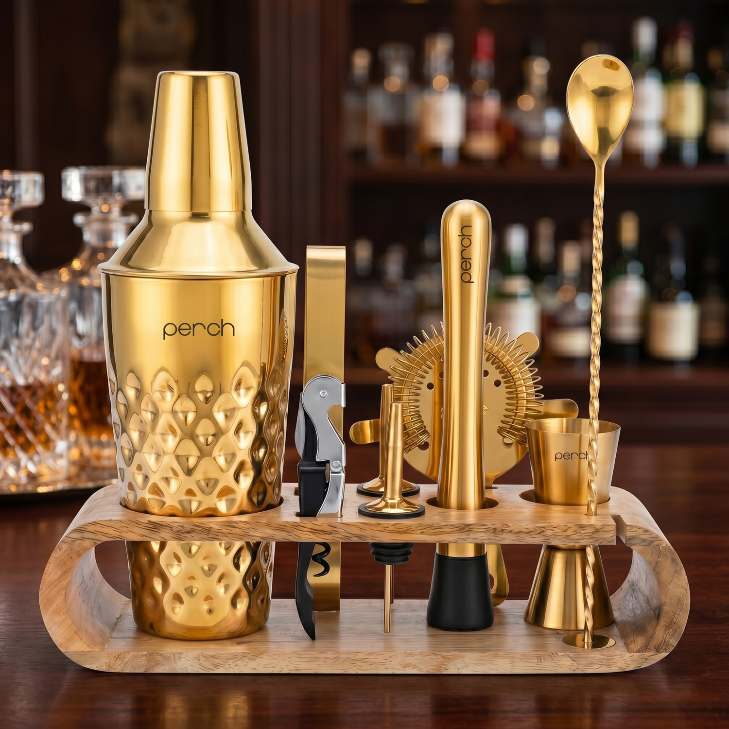 O' Holic Diamond Cocktail Shaker Set | 10-Piece Bartender Kit with Mango Wooden Stand | Gold