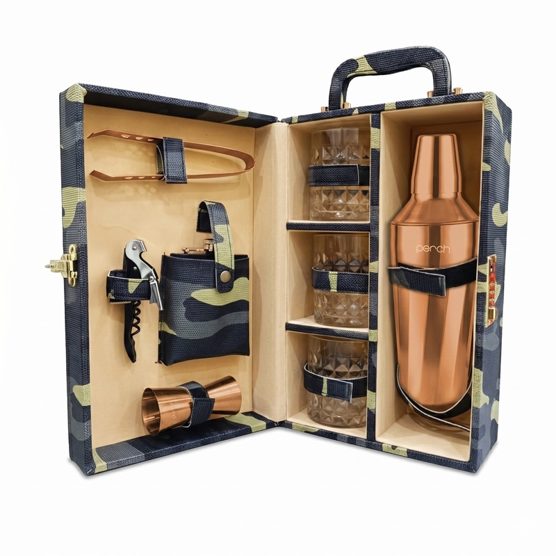 9-Piece Army Print Leatherette Suitcase Bar Set with Cocktail Shaker & 3 Whisky Glasses – Rose Gold