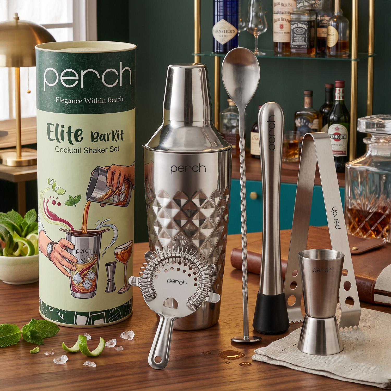 Elite 6-Piece Stainless Steel Bartender Kit |  Diamond Cocktail Shaker Set with Bar Tools -Silver