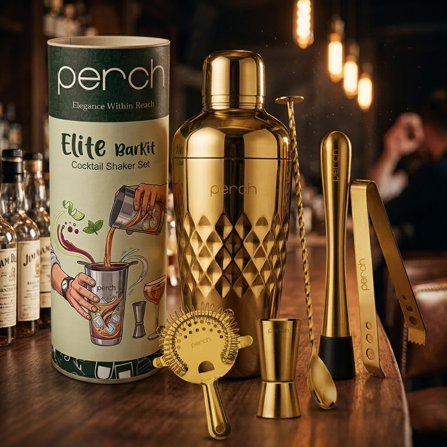 Elite 6-Piece Stainless Steel Bartender Kit | Belly Cocktail Shaker Set with Bar Tools - Golden