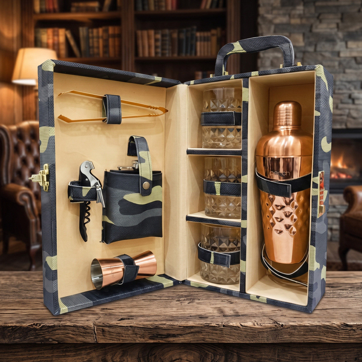 9-Piece Army Print Leatherette Suitcase Bar Set with Cocktail Shaker & 3 Whisky Glasses – Rose Gold