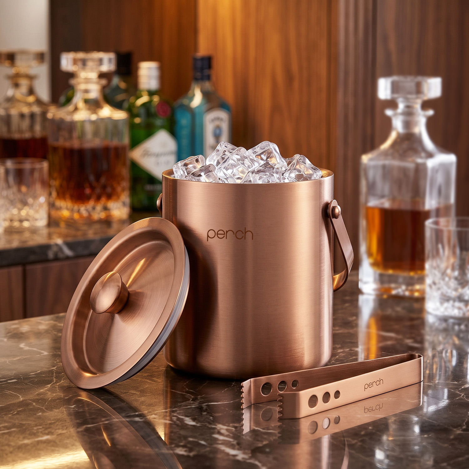 Rose Gold Stainless Steel Ice Bucket Set with Lid, Handle & Ice Tong – 1.5L