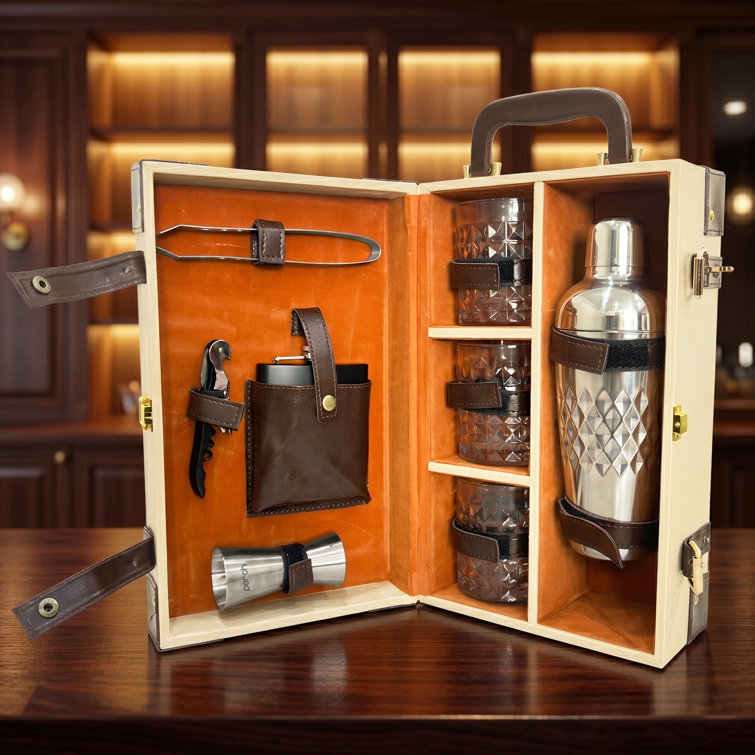9-Piece Brown Leatherette Suitcase Bar Set with Cocktail Shaker & 3 Whisky Glasses – Silver