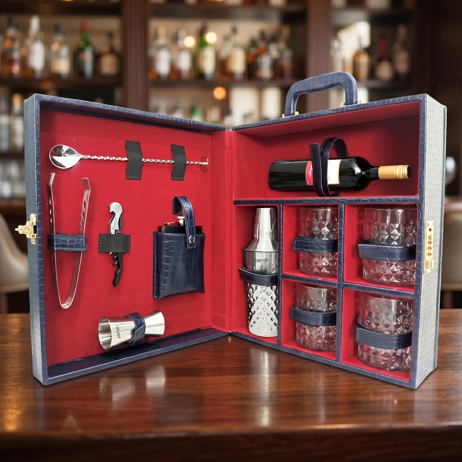 11-Piece Crocodile Print Leatherette Suitcase Bar Set with Diamond Cocktail Shaker & 4 Whisky Glasses – Silver