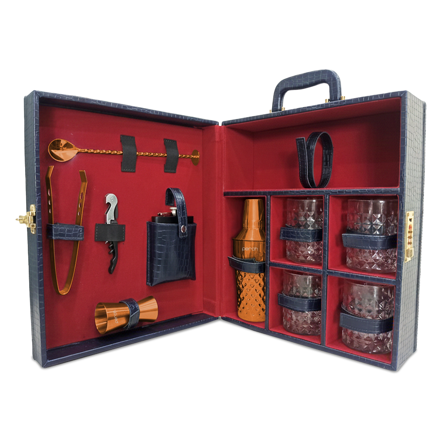 11-Piece Crocodile Print Leatherette Suitcase Bar Set with Diamond Cocktail Shaker & 4 Whisky Glasses – Rose Gold