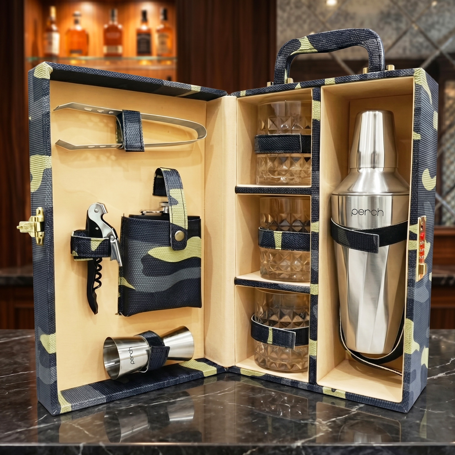 9-Piece Army Print Leatherette Suitcase Bar Set with Cocktail Shaker & 3 Whisky Glasses – Silver