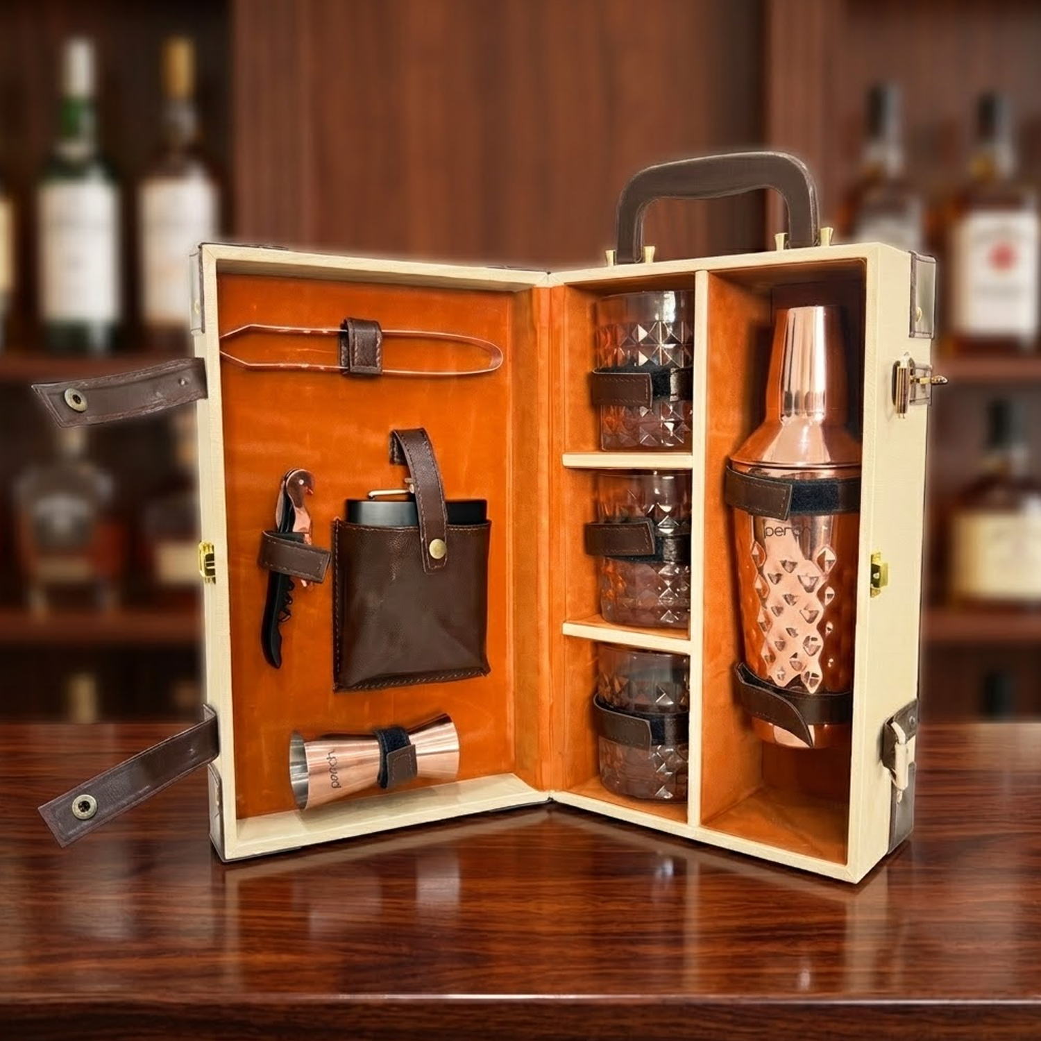 9-Piece Brown Leatherette Suitcase Bar Set with Cocktail Shaker & 3 Whisky Glasses – Rose Gold
