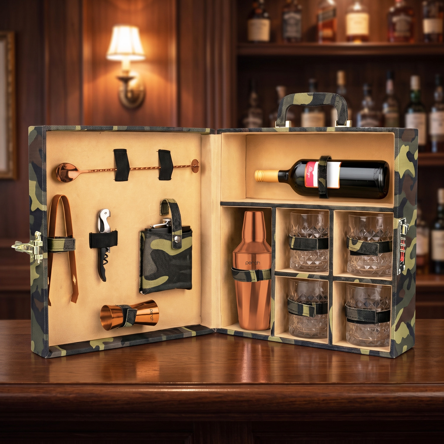 11-Piece Army Print Leatherette Suitcase Bar Set with Twist Cocktail Shaker & 4 Whisky Glasses – Rose Gold
