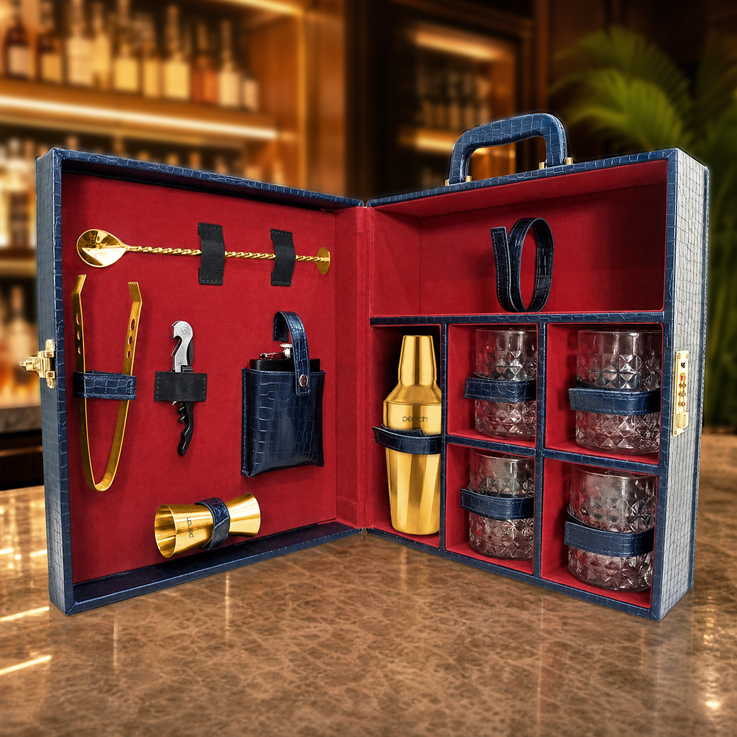 11-Piece Crocodile Print Leatherette Suitcase Bar Set with Twist Cocktail Shaker & 4 Whisky Glasses – Golden