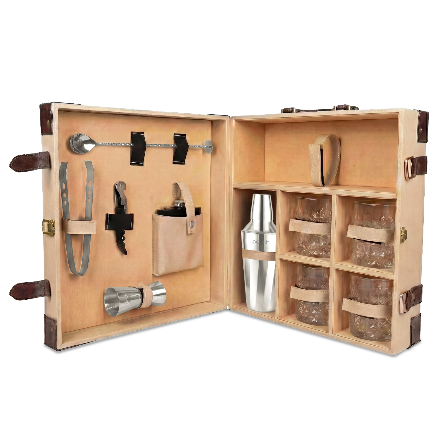 11-Piece Brown Leatherette Suitcase Bar Set with Twist Cocktail Shaker & 4 Whisky Glasses – Silver