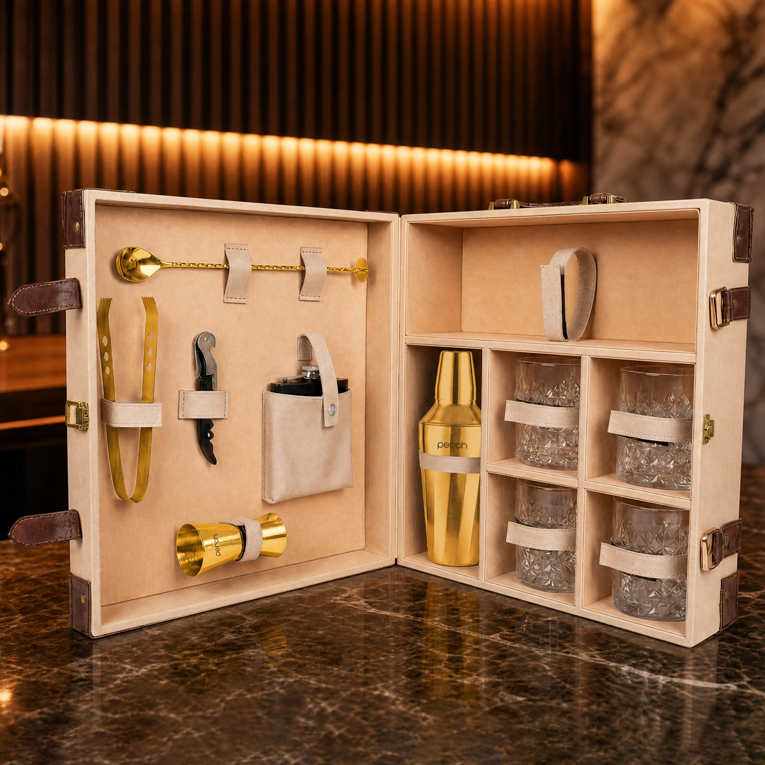 11-Piece Brown Leatherette Suitcase Bar Set with Twist Cocktail Shaker & 4 Whisky Glasses – Golden