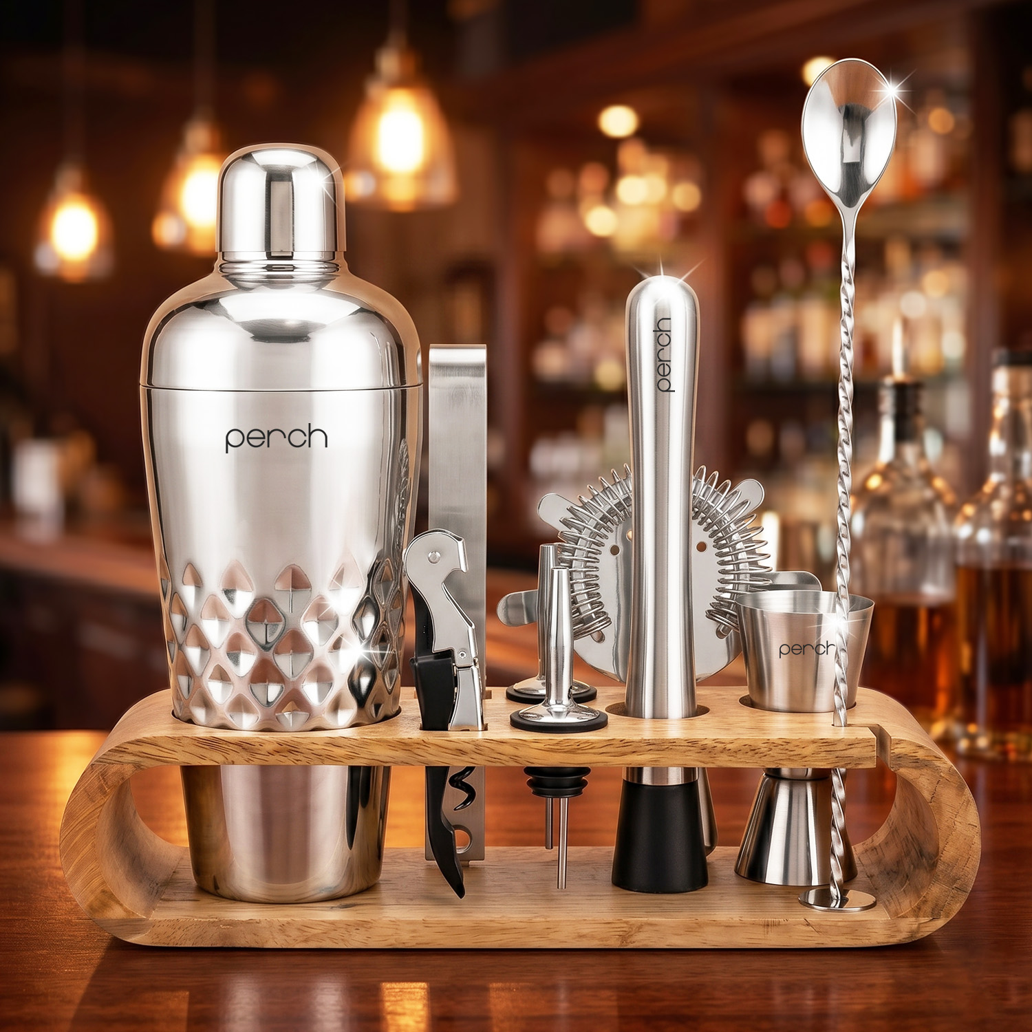 O' Holic 10-Piece Bartender Kit with Mango Wood Stand, Silver