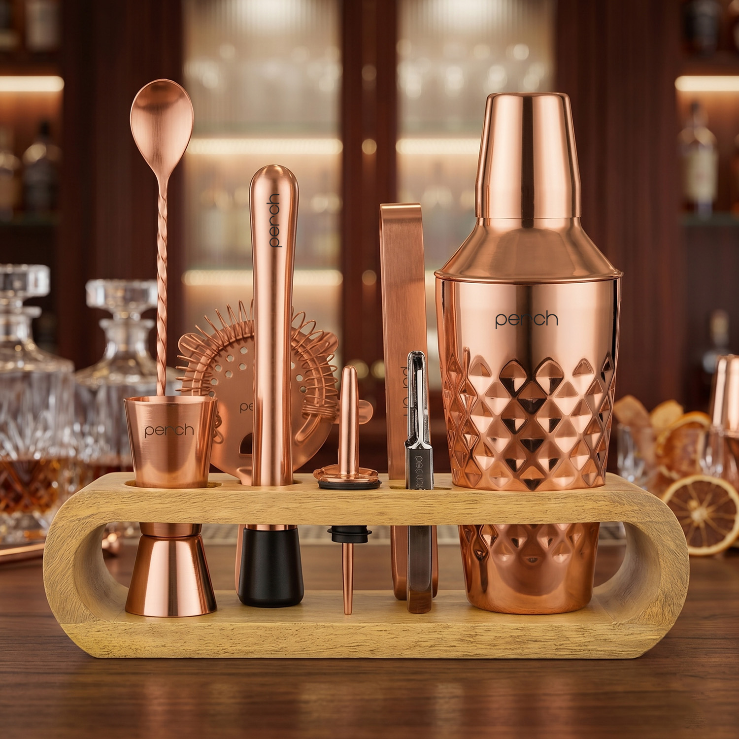 O' Holic Diamond Cocktail Shaker Set | 10-Piece Bartender Kit with Mango Wooden Stand | Rose Gold