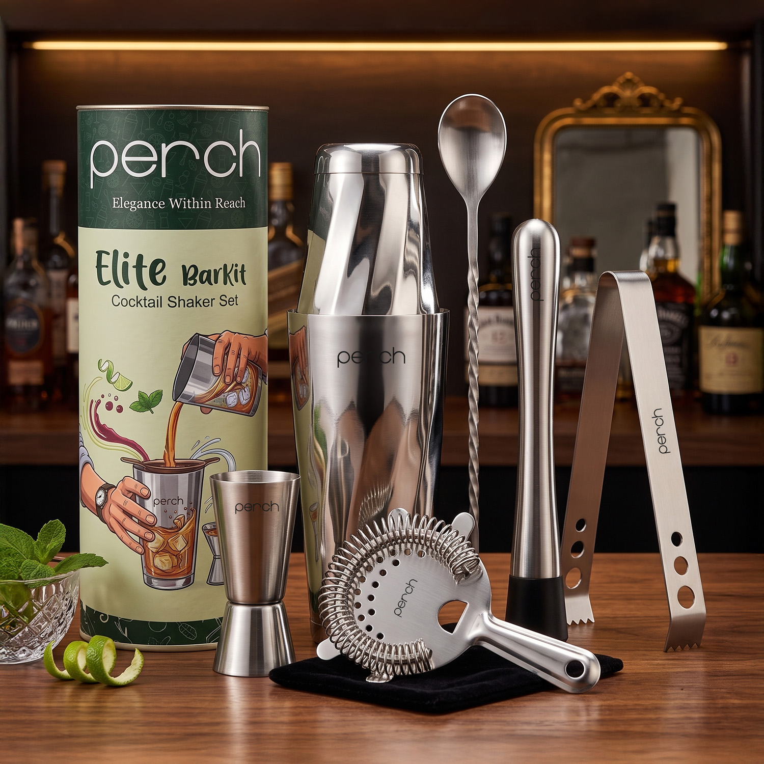 Elite 6-Piece Stainless Steel Bartender Kit | Twist Cocktail Shaker Set with Bar Tools - Silver