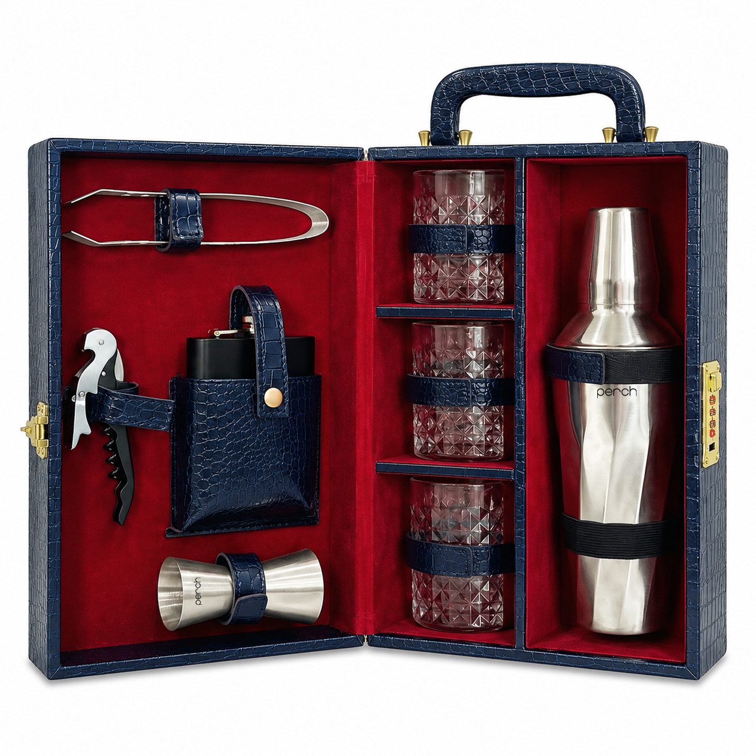 9-Piece Crocodile Print Leatherette Suitcase Bar Set with Cocktail Shaker & 3 Whisky Glasses – Silver
