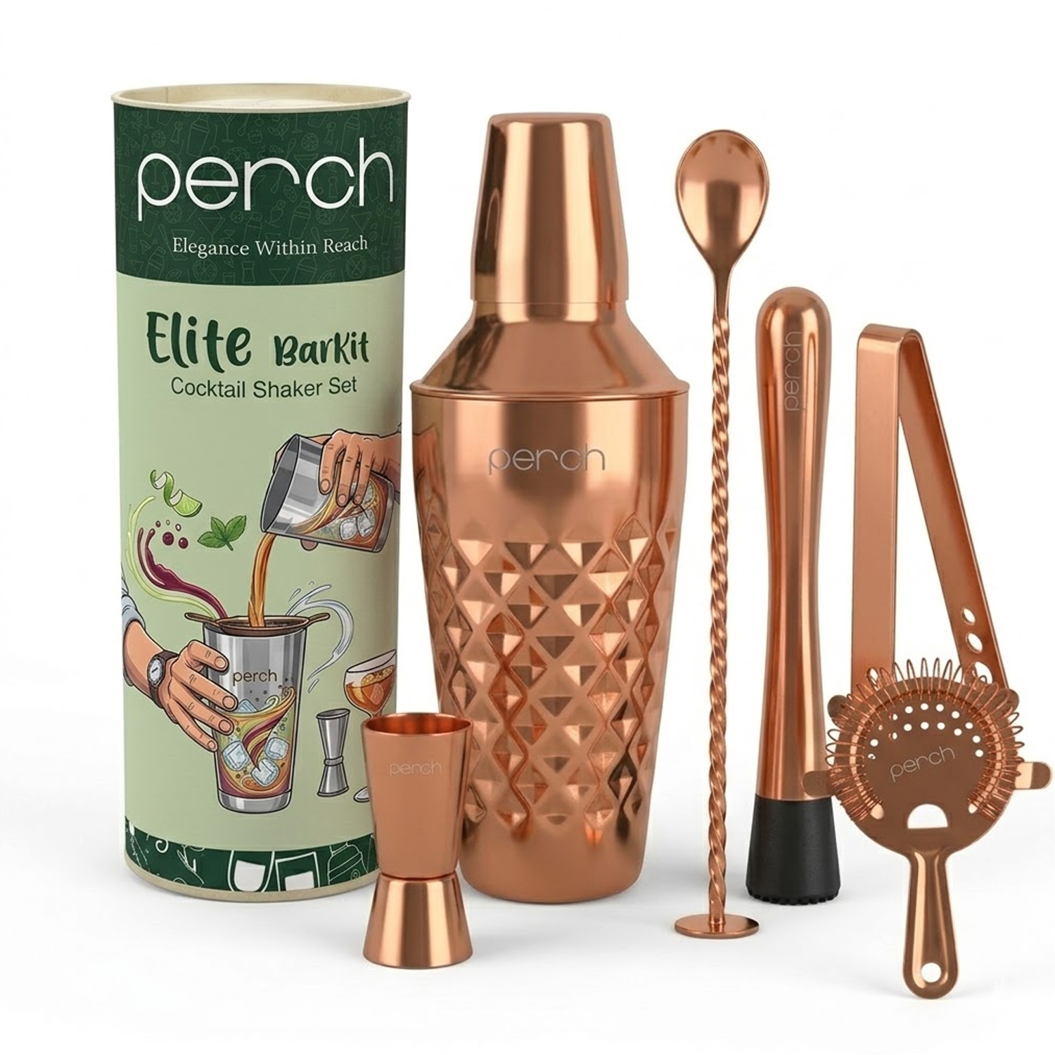 Elite 6-Piece Stainless Steel Bartender Kit | Diamond Cocktail Shaker Set with Bar Tools - Rose Gold