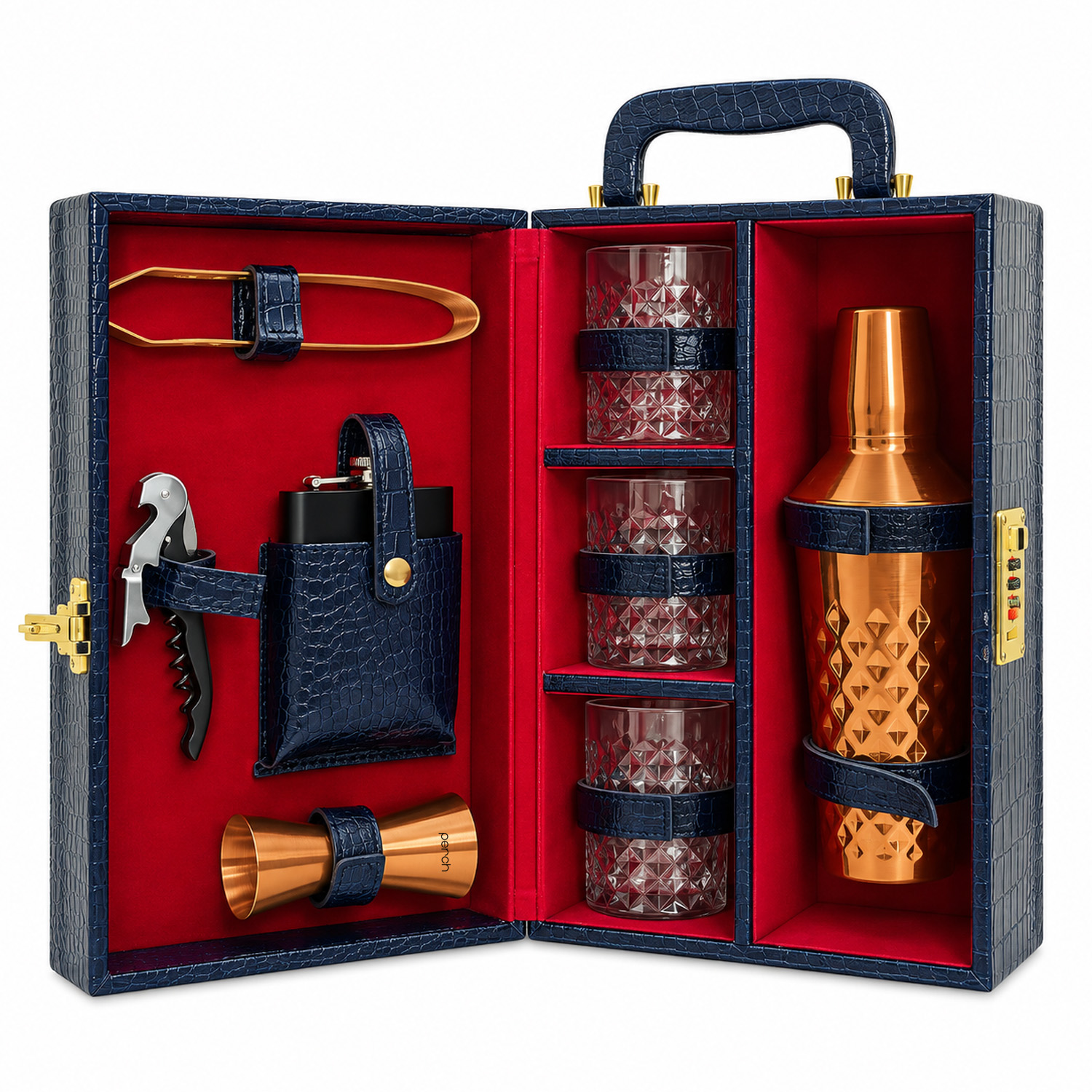 9-Piece Crocodile Print Leatherette Suitcase Bar Set with Cocktail Shaker & 3 Whisky Glasses – Rose Gold