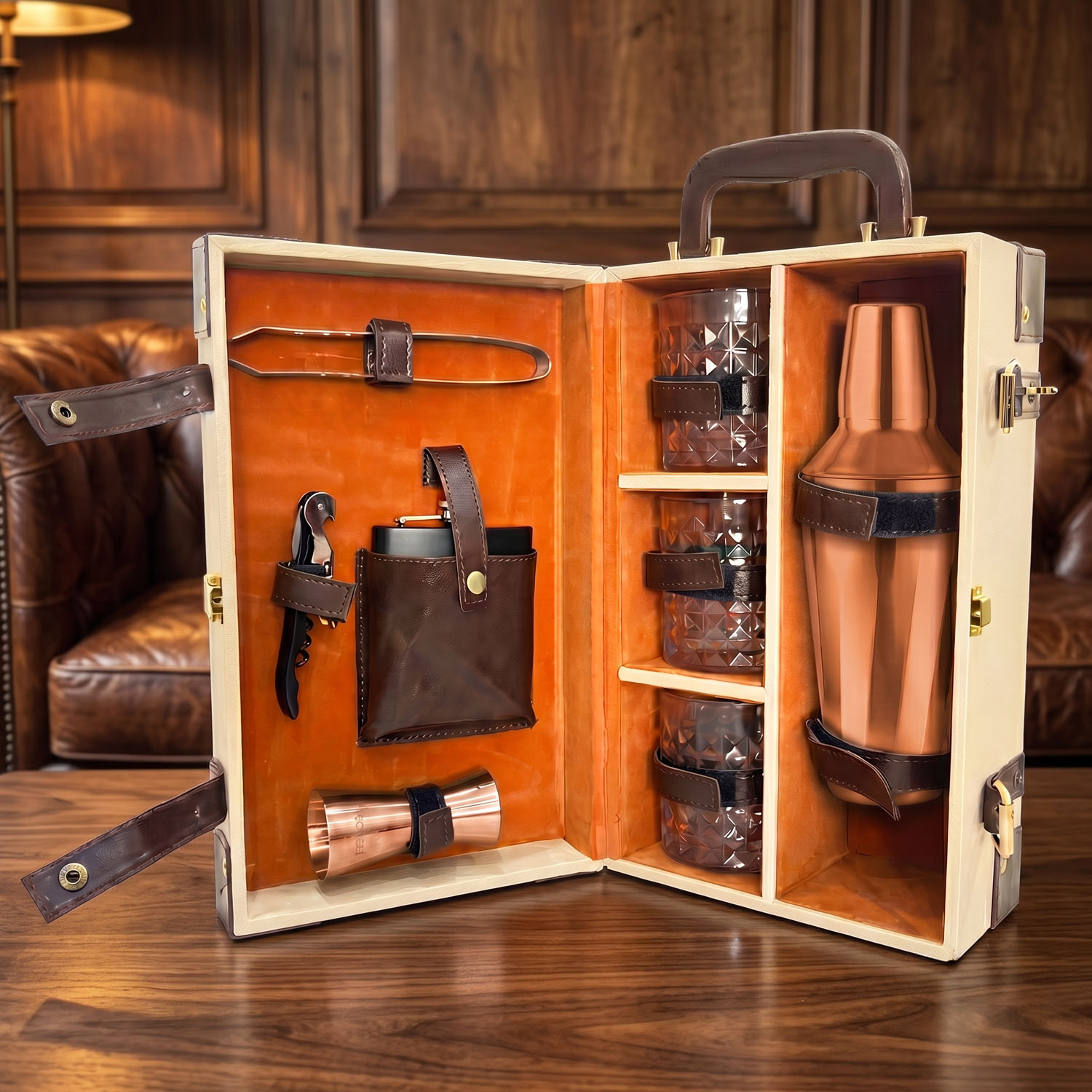 9-Piece Brown Leatherette Suitcase Bar Set with Cocktail Shaker & 3 Whisky Glasses – Rose Gold