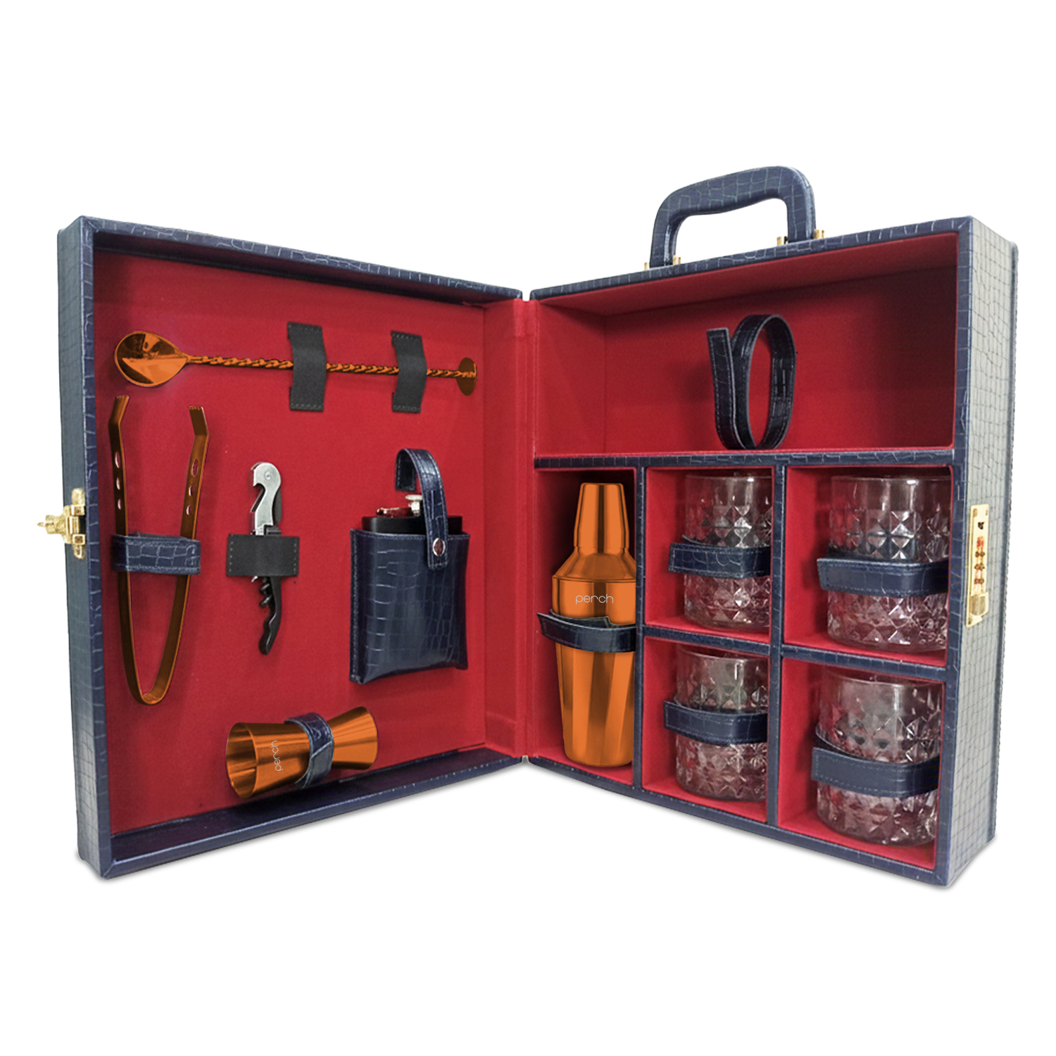 11-Piece Crocodile Print Leatherette Suitcase Bar Set with Twist Cocktail Shaker & 4 Whisky Glasses – Rose Gold