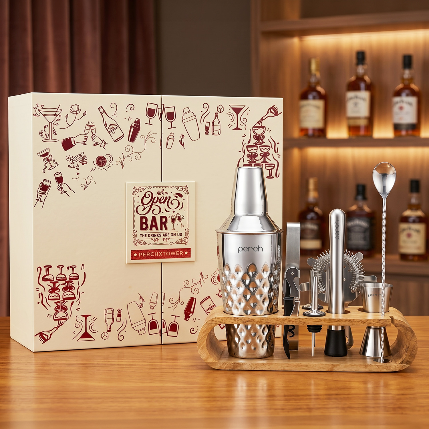 O' Holic Diamond Cocktail Shaker Gift Set | 10-Piece Bartender Kit with Mango Wooden Stand | Silver