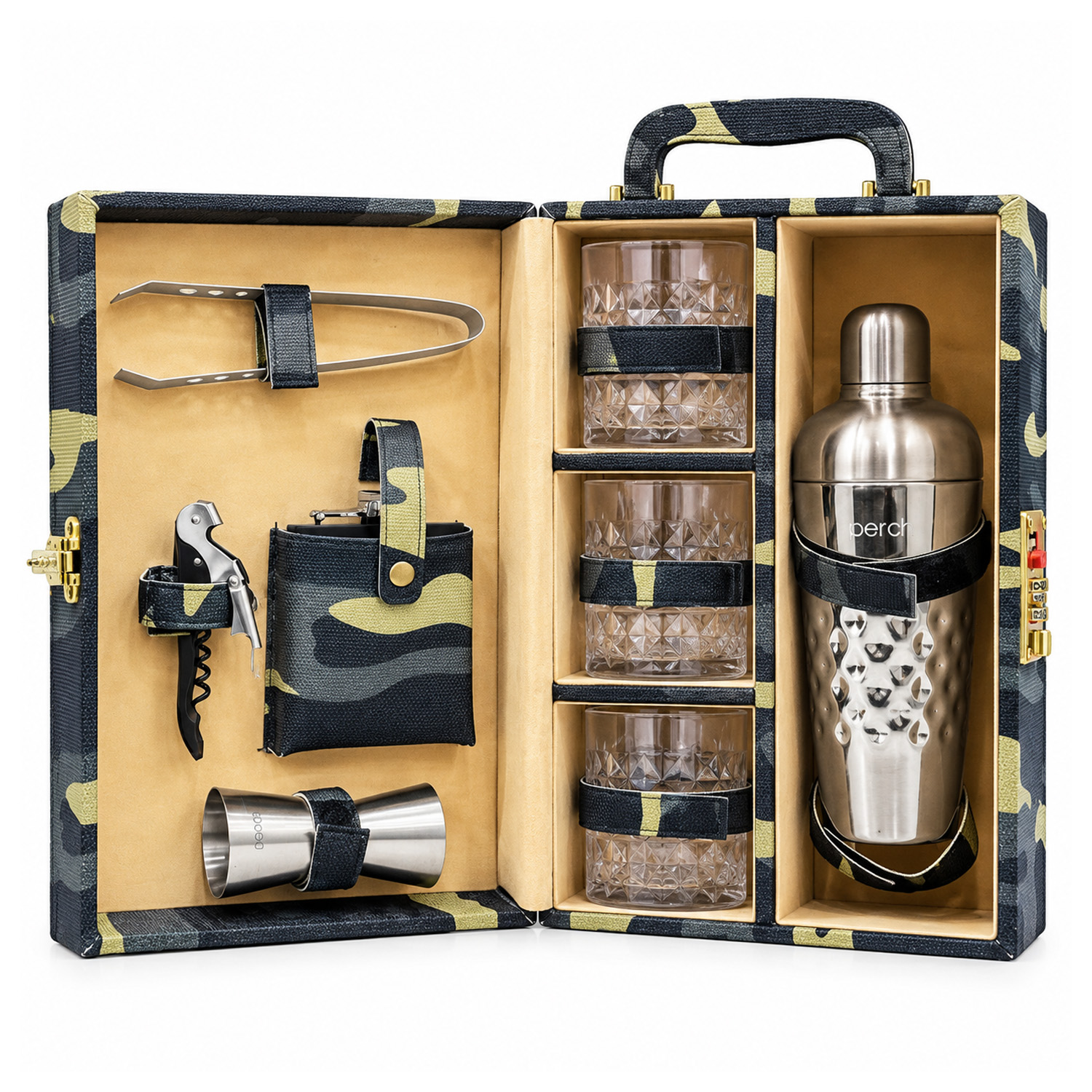 9-Piece Army Print Leatherette Suitcase Bar Set with Cocktail Shaker & 3 Whisky Glasses – Silver