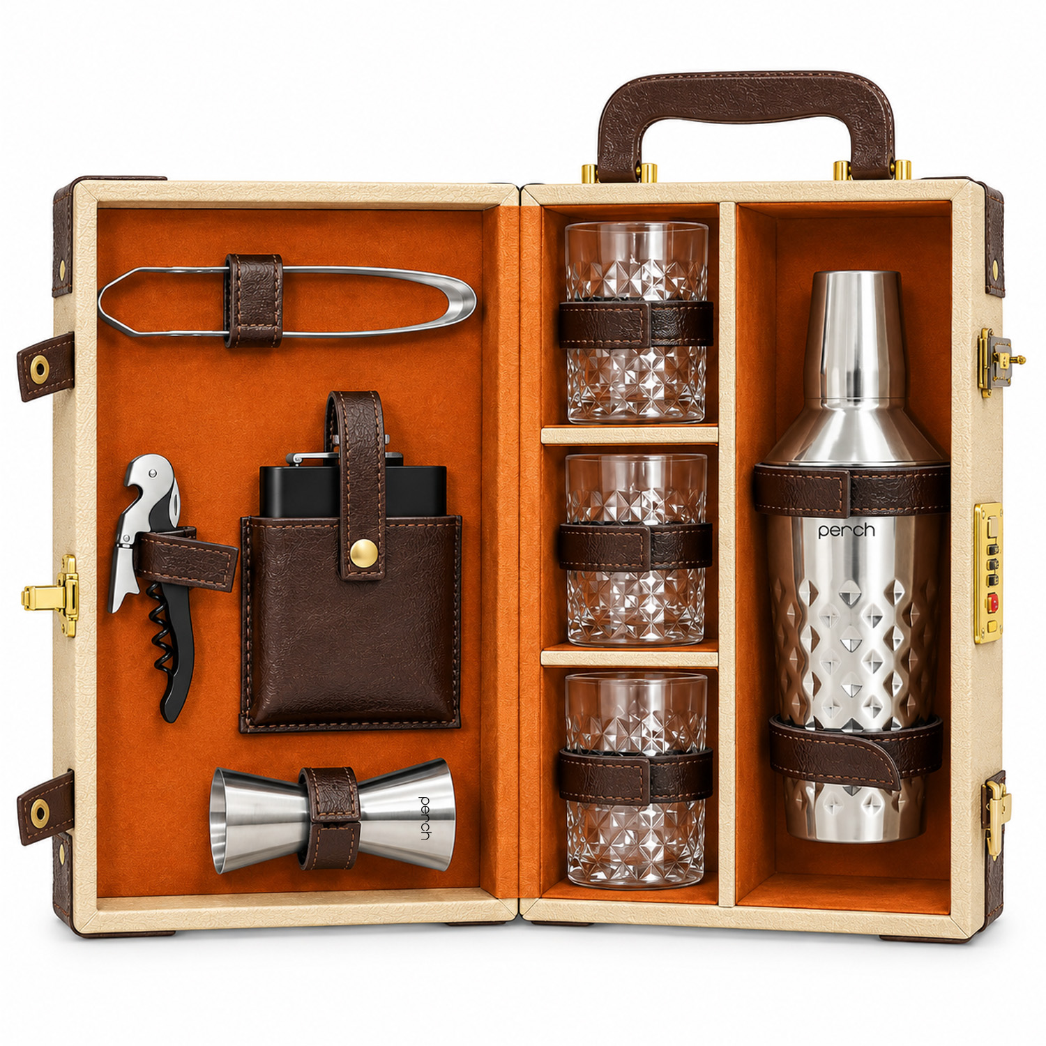 9-Piece Brown Leatherette Suitcase Bar Set with Cocktail Shaker & 3 Whisky Glasses – Silver