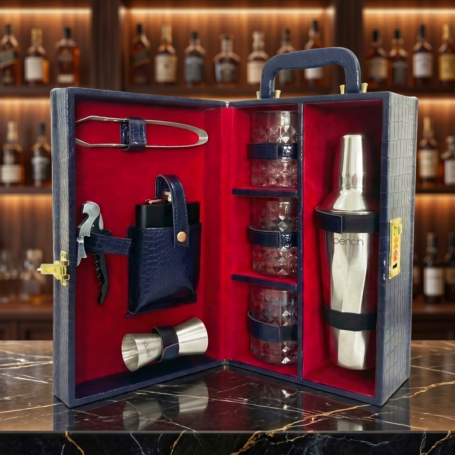 9-Piece Crocodile Print Leatherette Suitcase Bar Set with Cocktail Shaker & 3 Whisky Glasses – Silver
