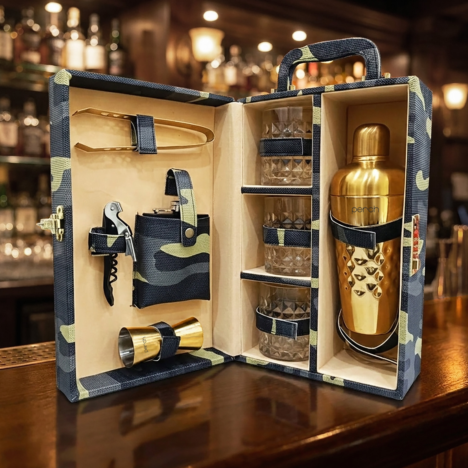 9-Piece Army Print Leatherette Suitcase Bar Set with Cocktail Shaker & 3 Whisky Glasses – Golden