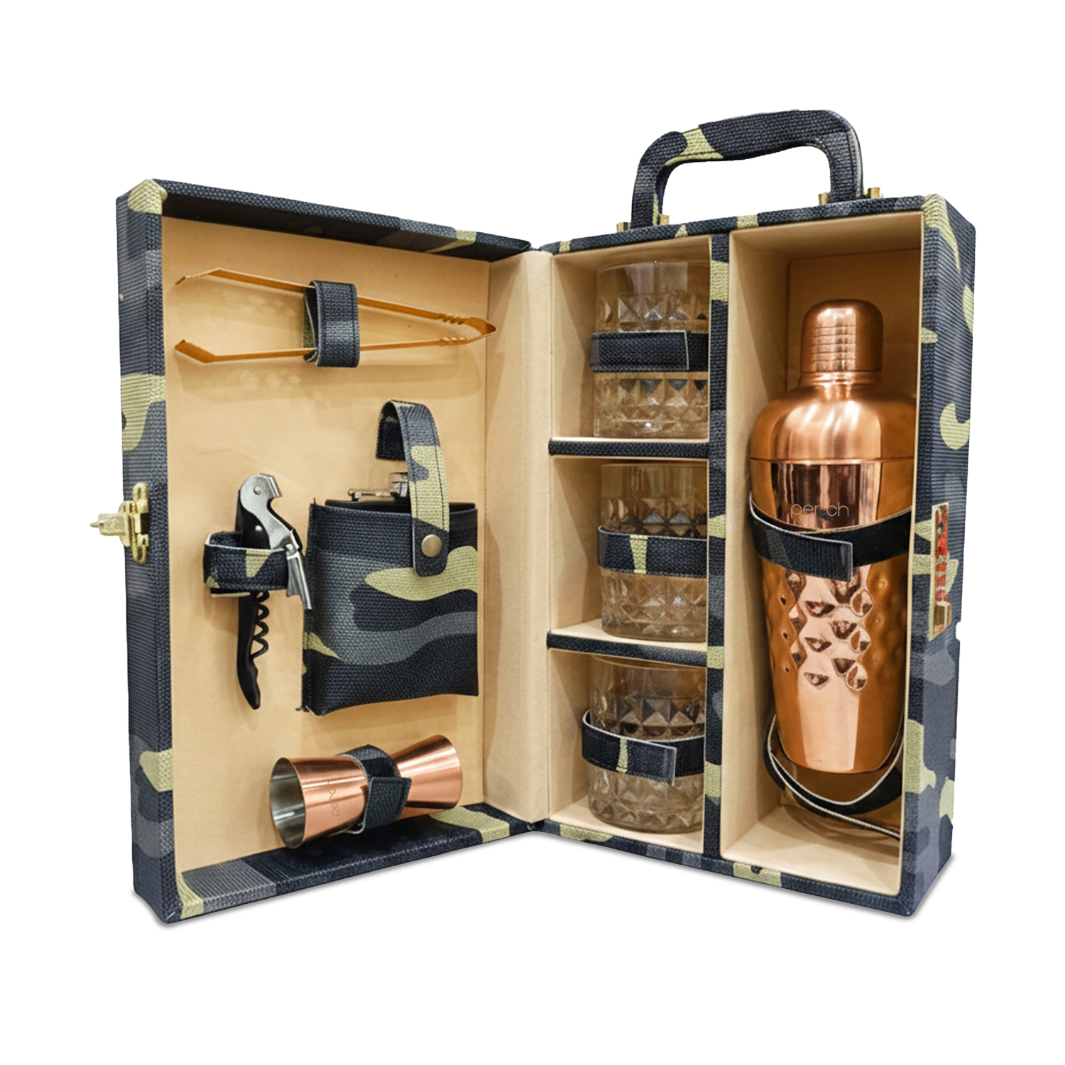 9-Piece Army Print Leatherette Suitcase Bar Set with Cocktail Shaker & 3 Whisky Glasses – Rose Gold