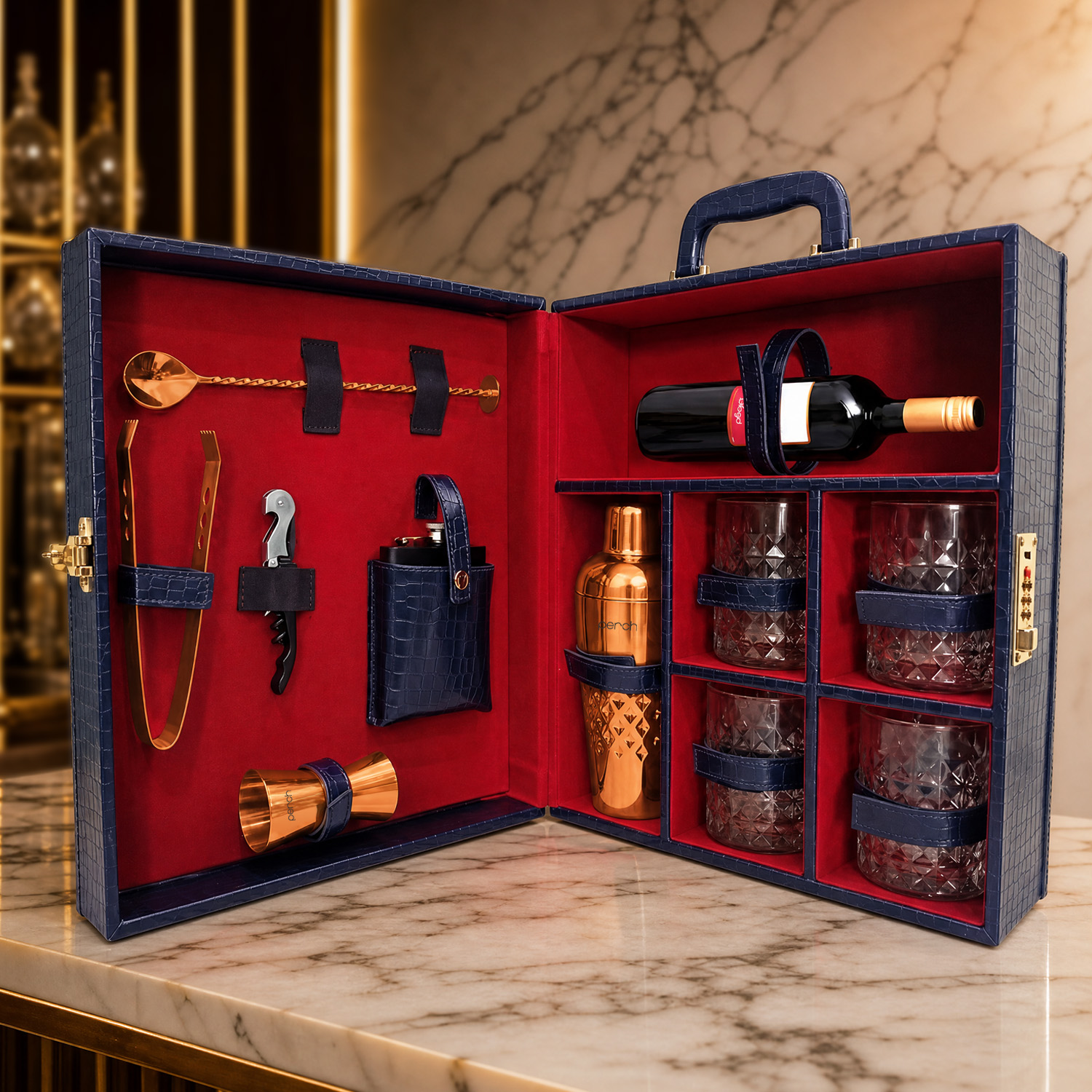 11-Piece Crocodile Print Leatherette Suitcase Bar Set with Belly Cocktail Shaker & 4 Whisky Glasses – Rose Gold