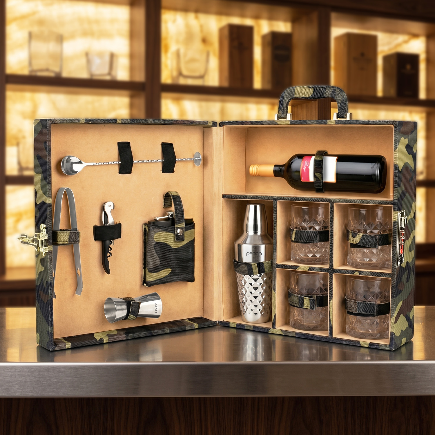 11-Piece Army Print Leatherette Suitcase Bar Set with Diamond Cocktail Shaker & 4 Whisky Glasses – Silver