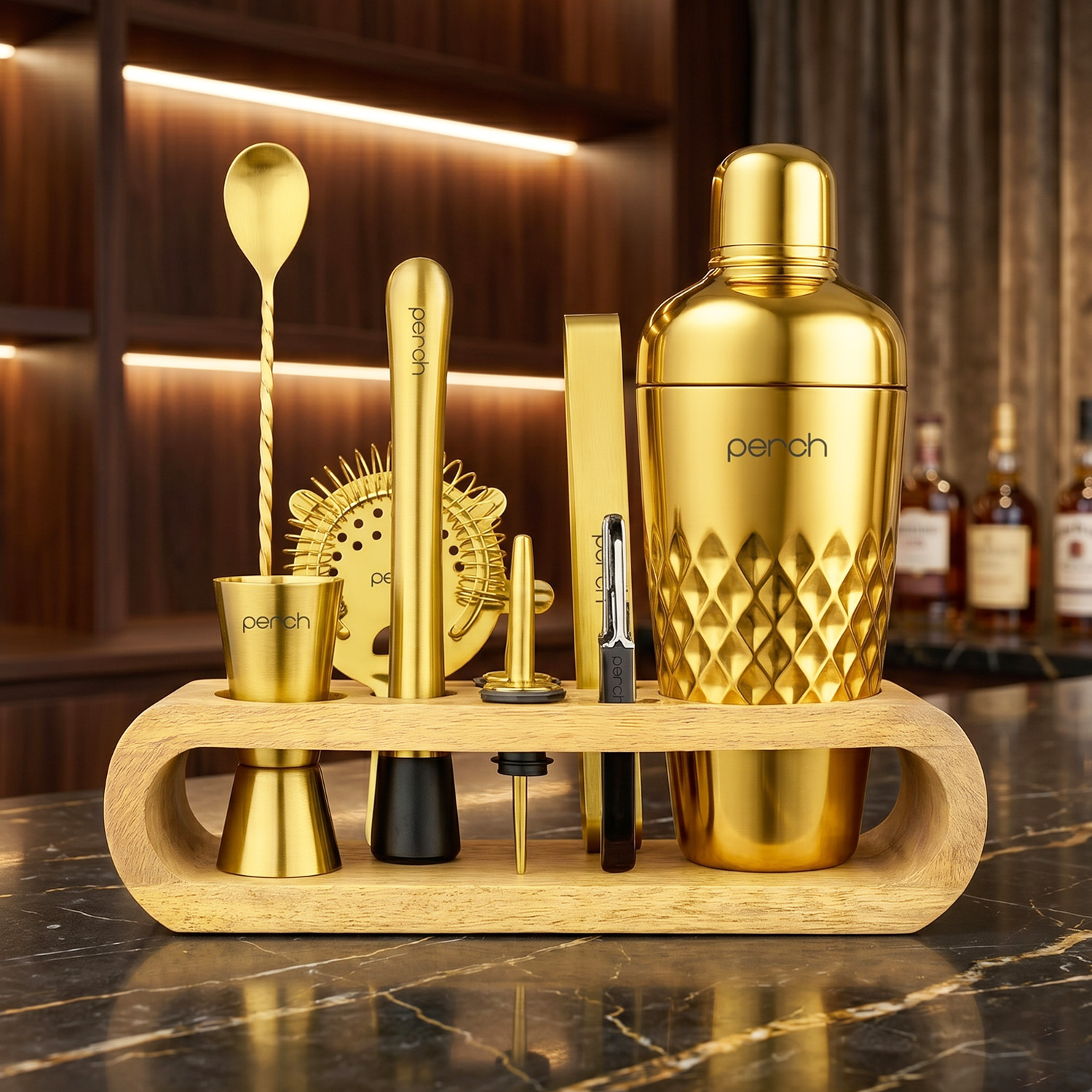 O' Holic 10-Piece Bartender Kit with Mango Wooden Stand, Golden
