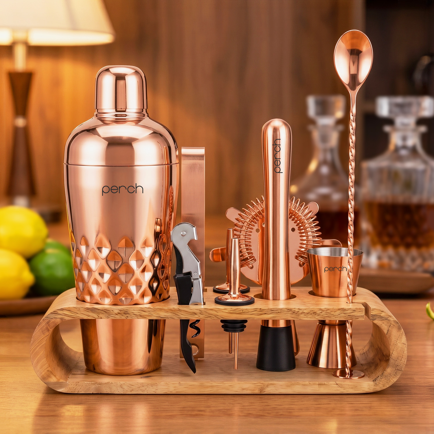 O' Holic 10-Piece Bartender Kit with Mango Wooden Stand | Belly Cocktail Shaker|Rose Gold