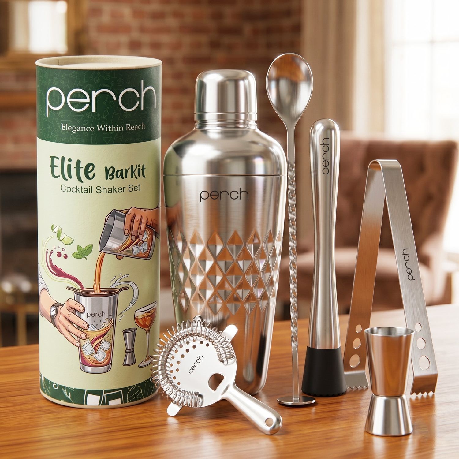 Elite 6-Piece Stainless Steel Bartender Kit | Belly Cocktail Shaker Set with Bar Tools -Silver