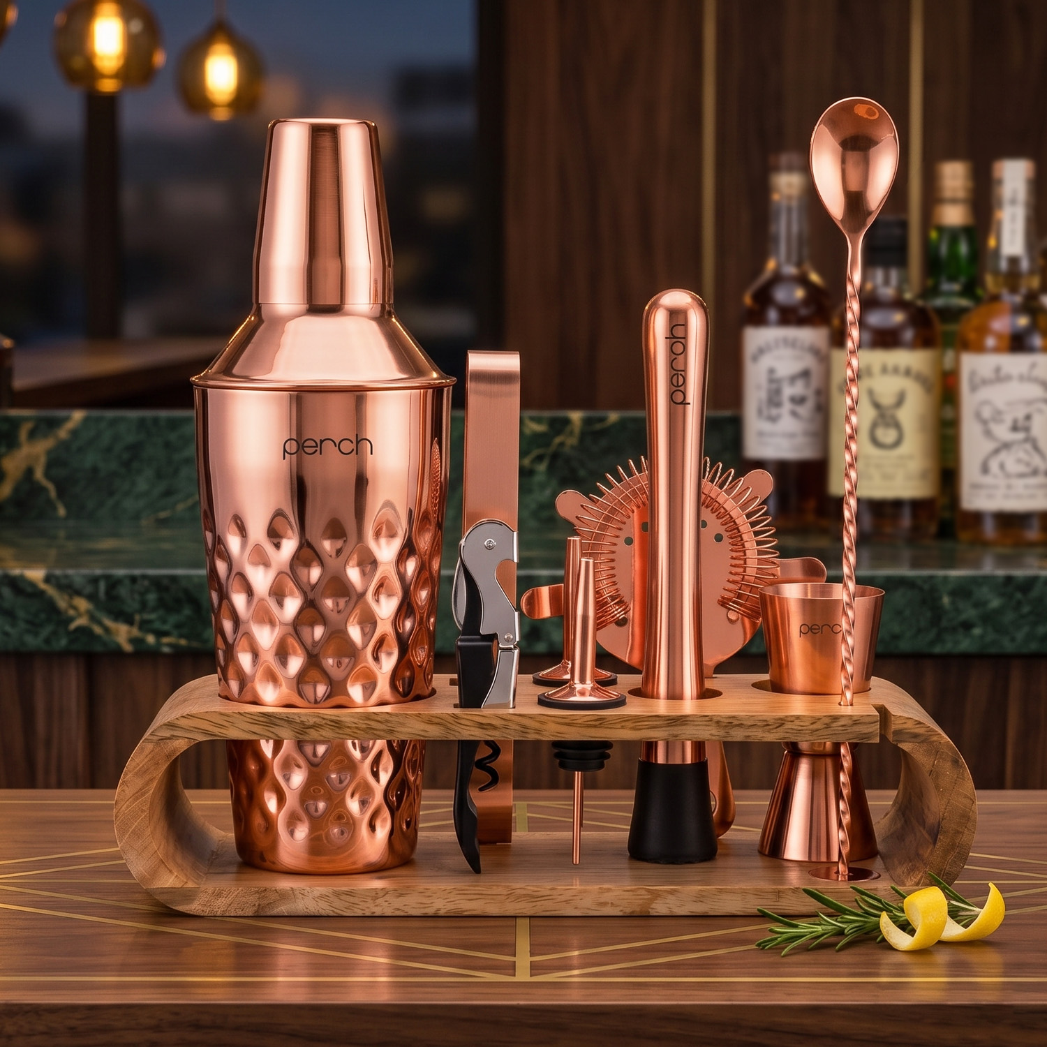 O' Holic 10-Piece Bartender Kit with Mango Wooden Stand | Diamond Cocktail Shaker | Rose Gold