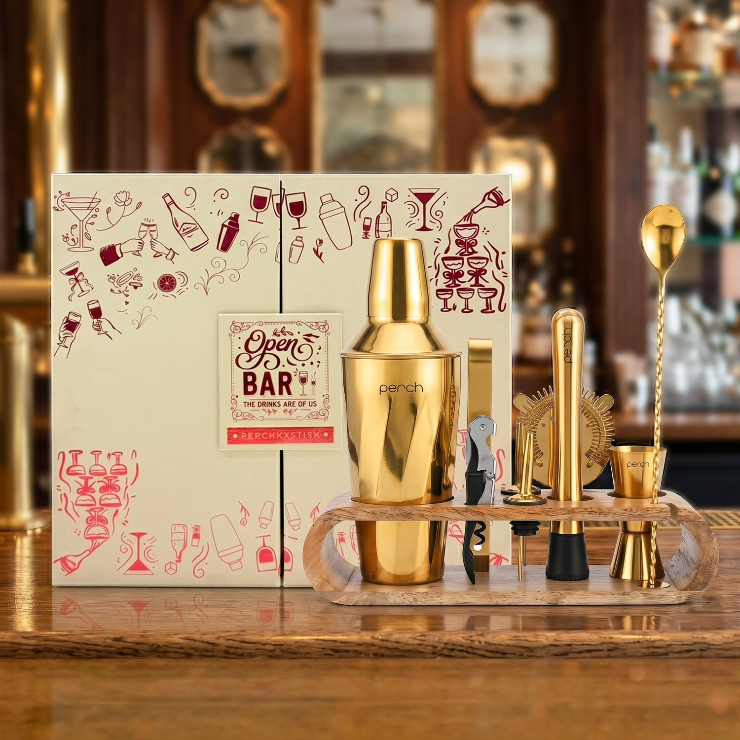 O' Holic Twist Cocktail Shaker Gift Set | 10-Piece Bartender Kit with Mango Wooden Stand | Gold