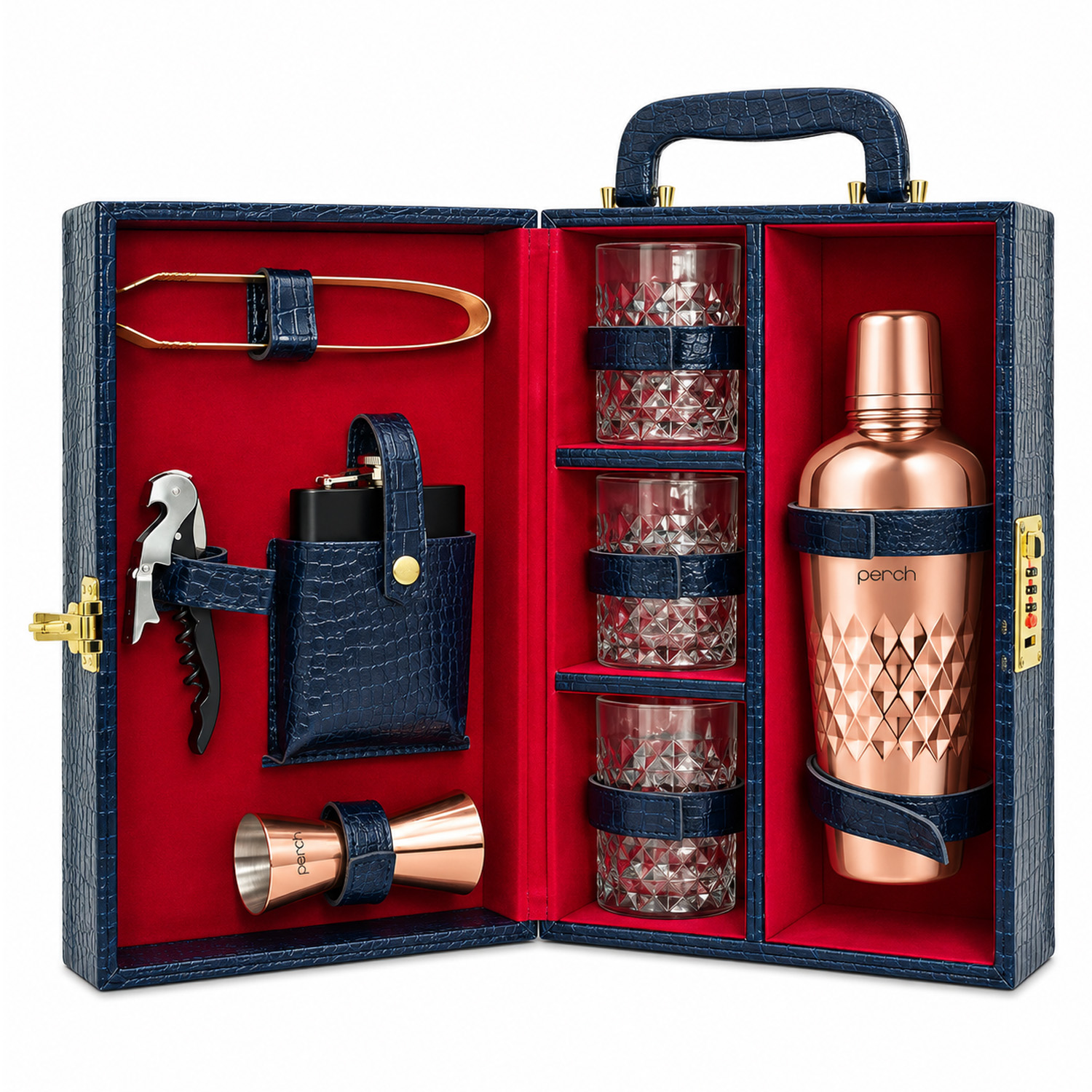 9-Piece Crocodile Print Leatherette Suitcase Bar Set with Cocktail Shaker & 3 Whisky Glasses – Rose Gold