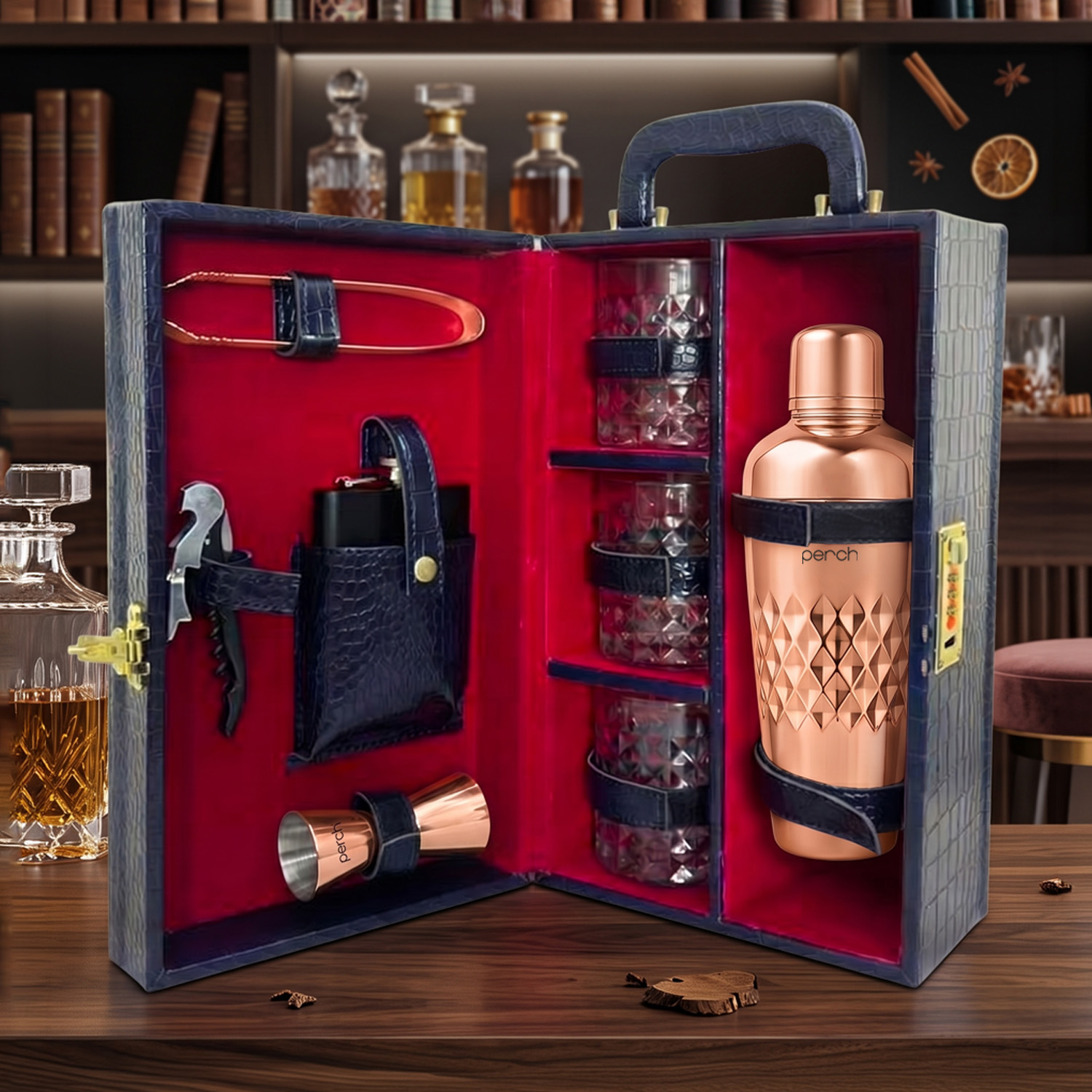 9-Piece Crocodile Print Leatherette Suitcase Bar Set with Cocktail Shaker & 3 Whisky Glasses – Rose Gold