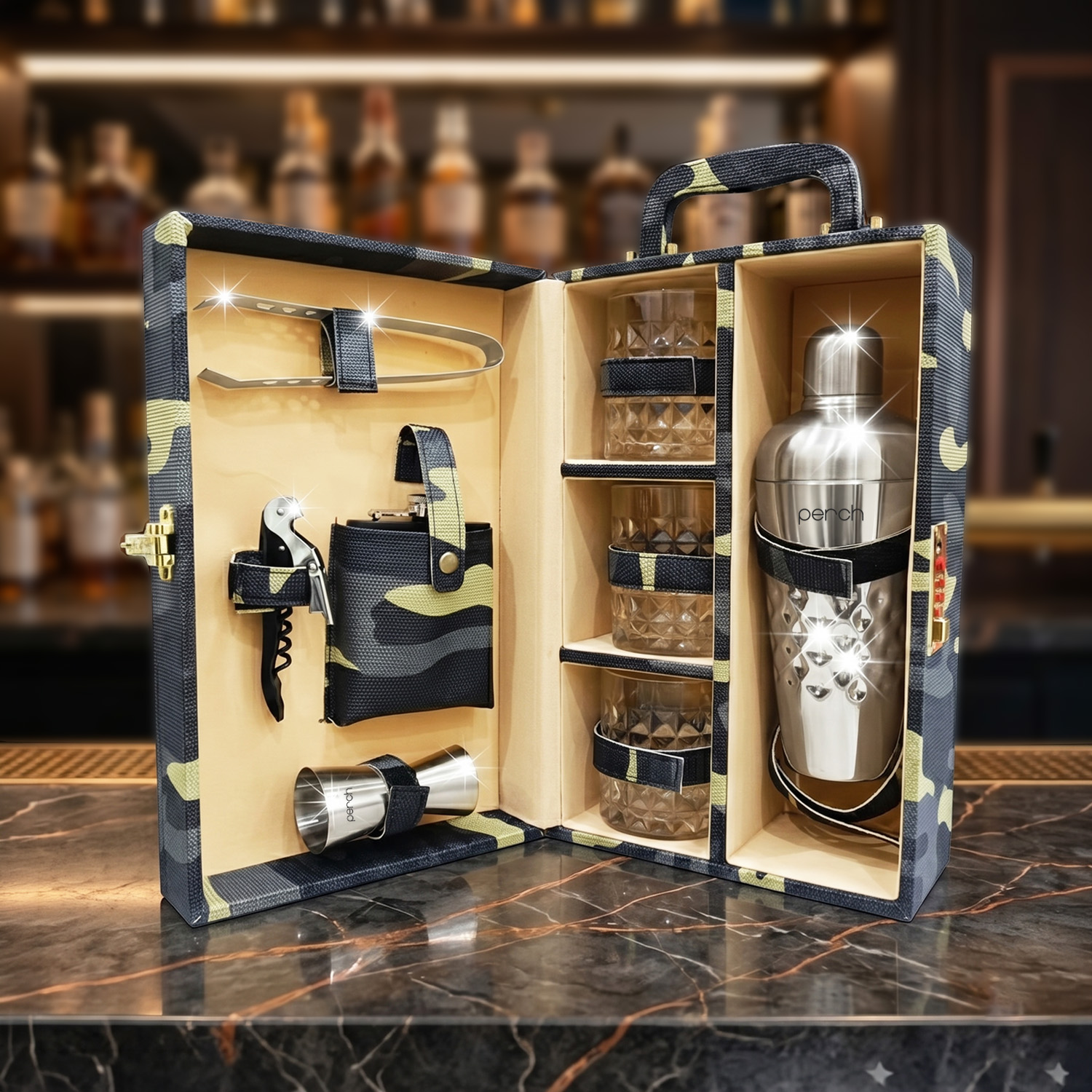 9-Piece Army Print Leatherette Suitcase Bar Set with Cocktail Shaker & 3 Whisky Glasses – Silver